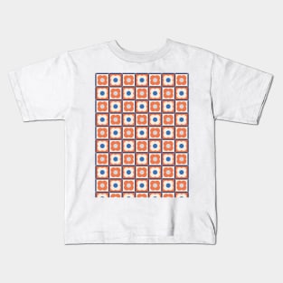 Retro Floral Checker Pattern Apricot Crush, Blue Kids T-Shirt